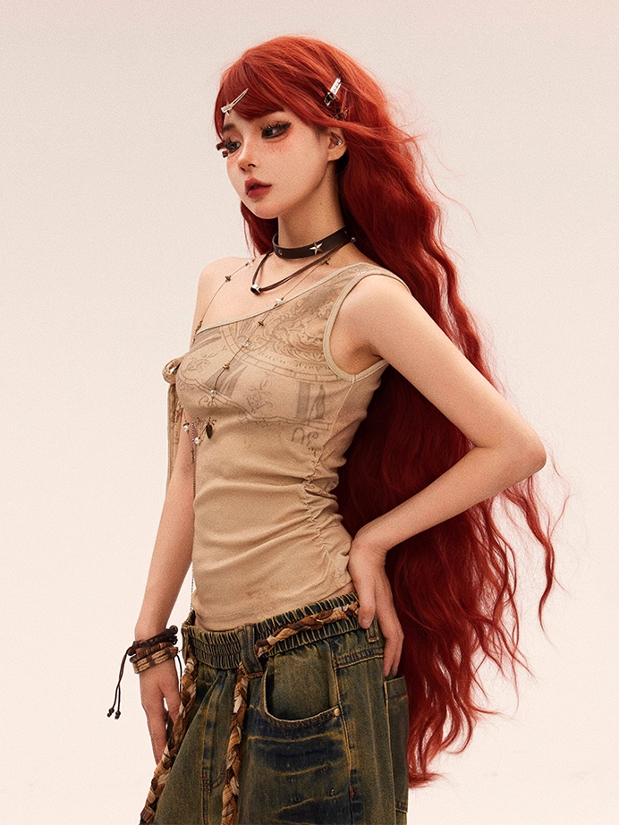 アプリコットグラフィティプリントヴィンテージウェイストランドパンクアシンメトリーネックライントップ