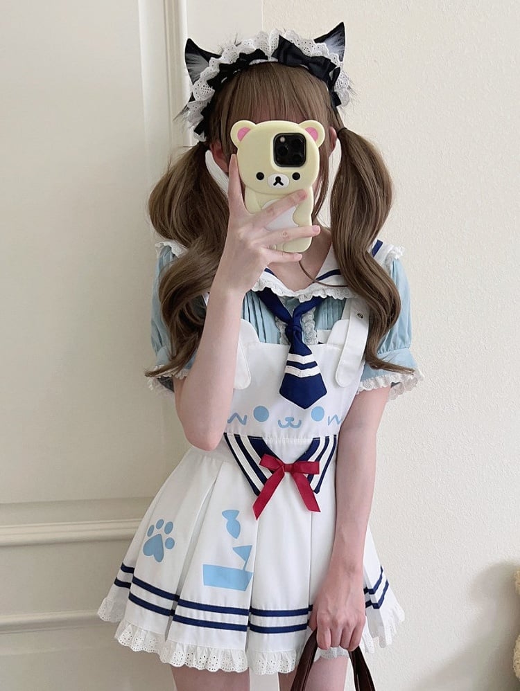 Tie Ear Daily Trim with Collar Decor Bear Sailor Kawaii Blue Set Lace Shirt Sleeve Short Neck