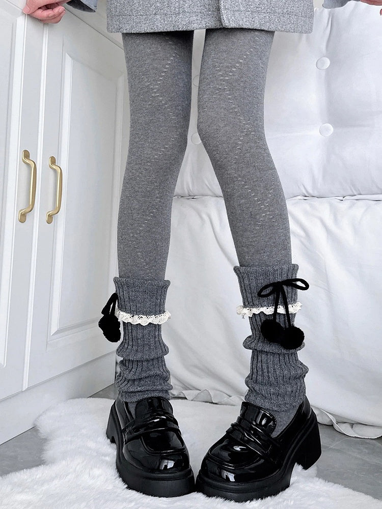 Leg Warmers Gray Slouchy Lace Pom-Pom Dark Ribbed