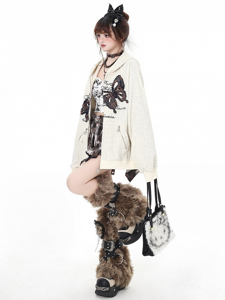 Apricot Butterfly Appliques Spring Loose Zip Hoodie