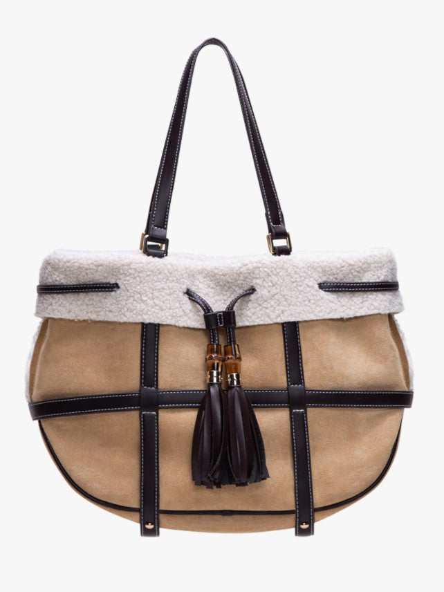 Brown With Trim Bag Tote Fall And Capacity Large Winter Accents Plush Vintage - Knot For Shoulder Bamboo