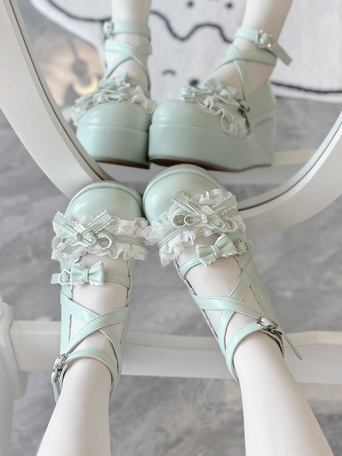 Green Feminine Round-Toe Romantic Lace Platforms with Buckles Accents Grass Heart Lolita