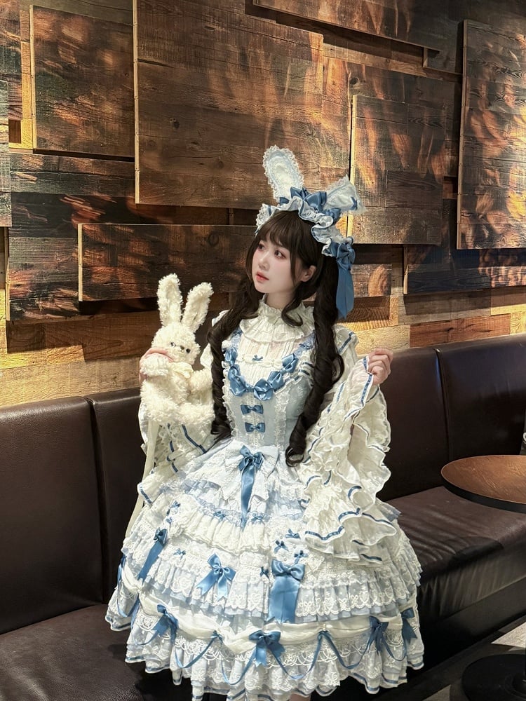 White Ruffled Neck Lolita Tiered Bell Sleeves Blouse with Blue Bows - Starry Messenger