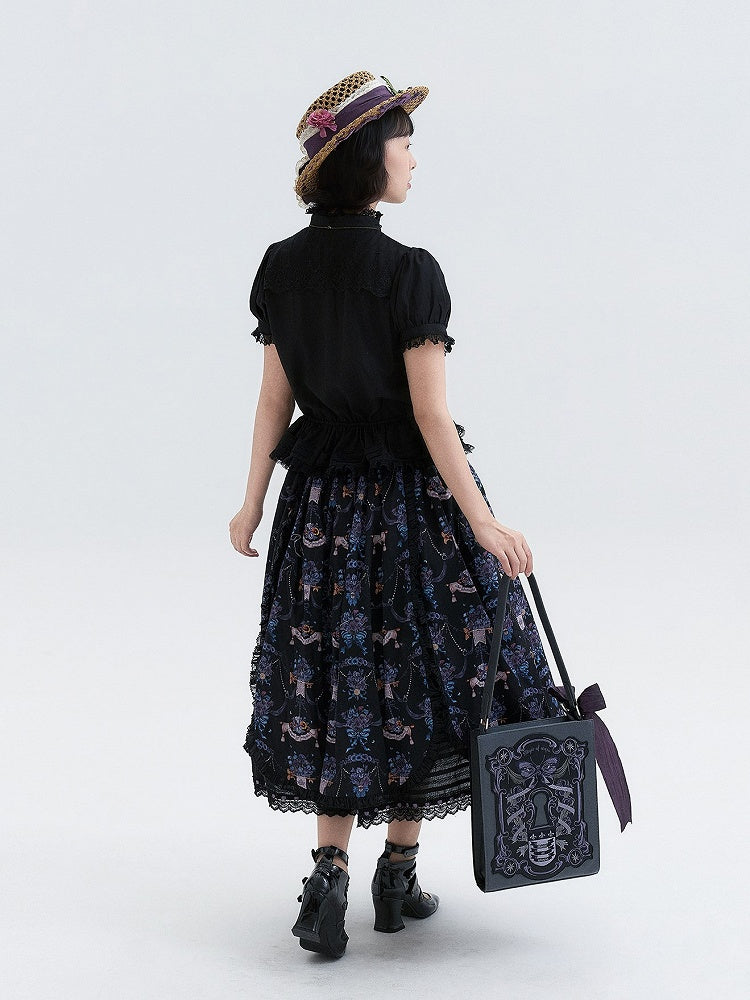 Black Purple Pansy Print Elegant Lolita Skirt
