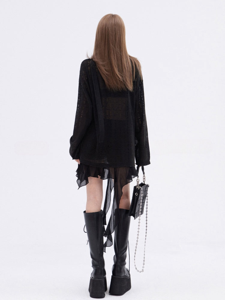 Scarf Free Printed Knitted Top with Black Asymmetrical Hem Hollow-out