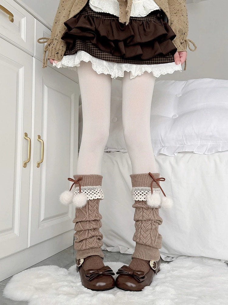 Pom-Pom with Sweet Leg Cable-Knit Warmers (Cozy Style) Brown Lace Accents Trim