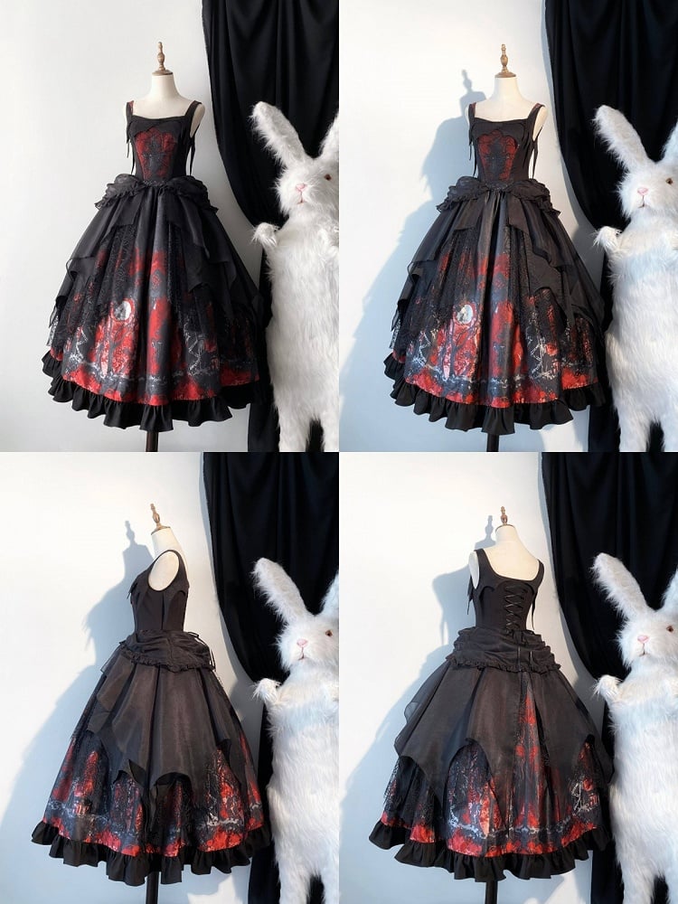 with Layered Gothic Lolita Irregular JSK Dress Red Overlay Black