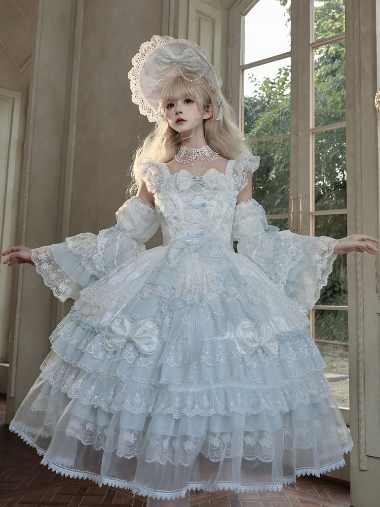 Sleeves Light Flutter Dress with Layered Blue Lace Lolita Princess