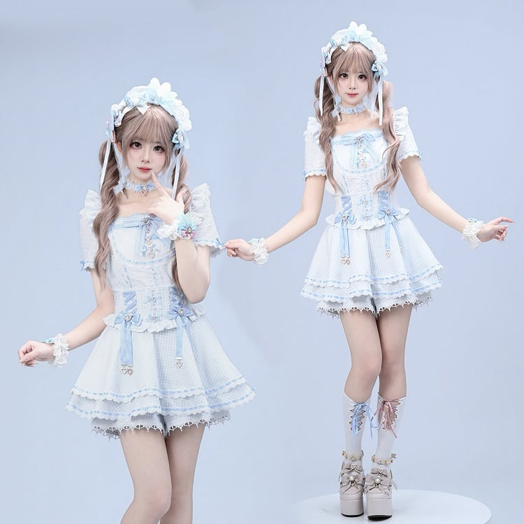 Blue Gingham Ryousangata Fashion Overall Skort with Rhinestone Bow & Lace Details - Broken Bear