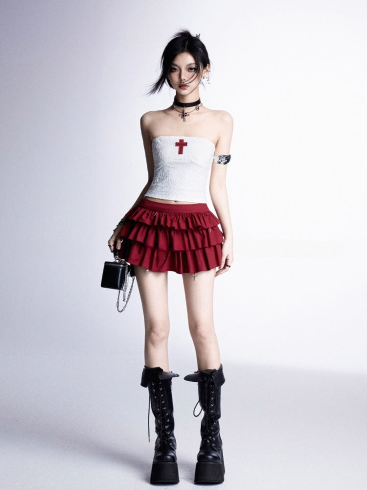 Tiered Skirt Red Cross Applique White Cropped Charms Strapless Top/Red Cross Gothic