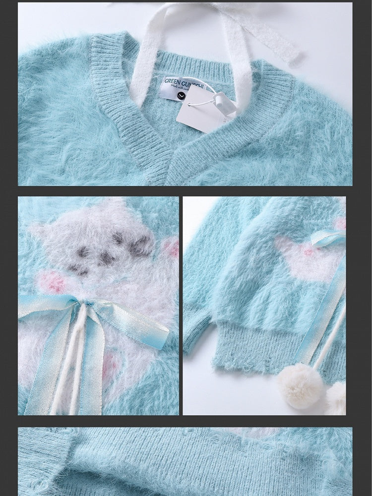 ライトブルー/ピンクのキュートな猫柄ふわふわVネックホルターセーター