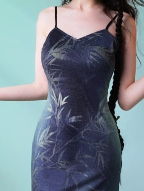 Elegant Velvet Two-Piece Long Cheongsam with Bamboo Pattern & Tassel - sijinstudio