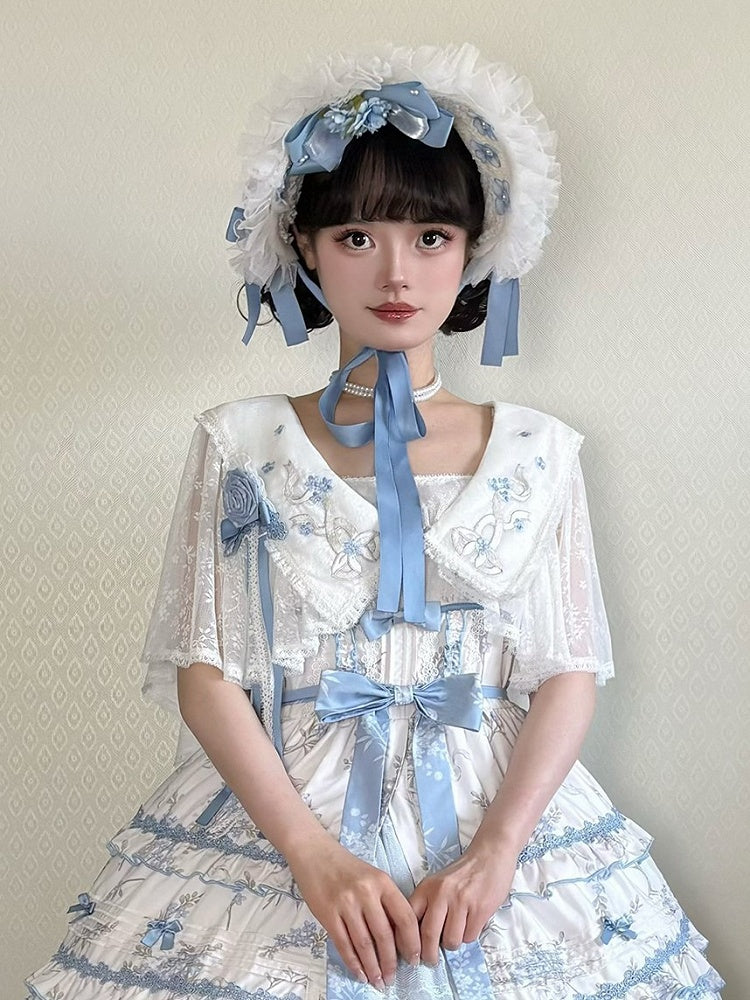 Bonnet Lolita Flower Blue Elegant Bow Accents and Classic Lace White with