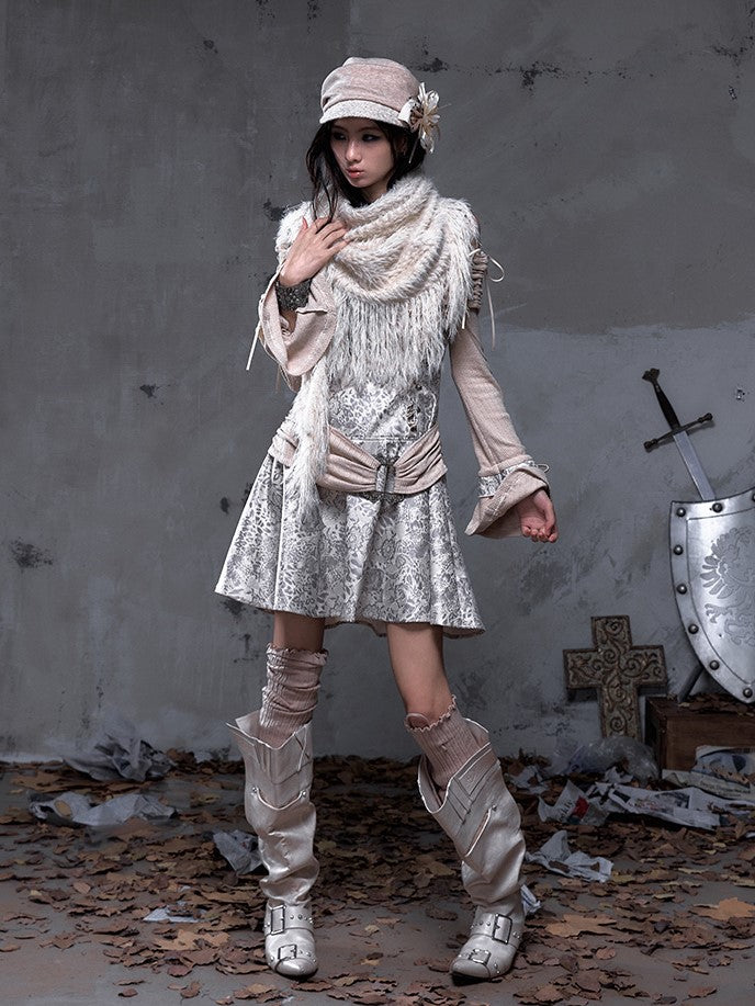 Off-Shoulder Dress Vintage Khaki Knit Punk A-Line with Belt Beige-gray PU Design