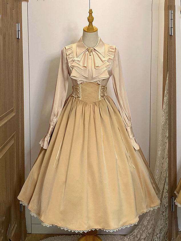 Beiges Jabot-Hemd mit spitzem, flachem Kragen und langen Ärmeln aus gestreiftem Stoff