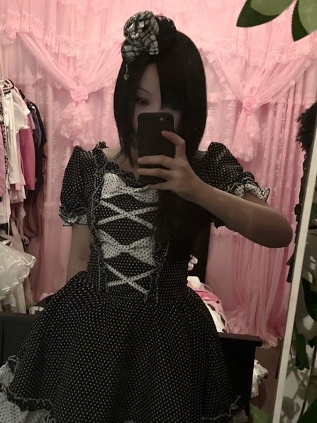 ミニチャーム スクープ柄 クラウン チェック柄 装飾 ブラックホワイト 帽子 蝶結び フォーク