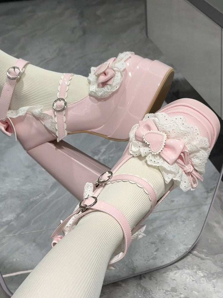Sweet Trim Pink Lace High-heel Lolita Janes Heart Decor Mary Top Bow with