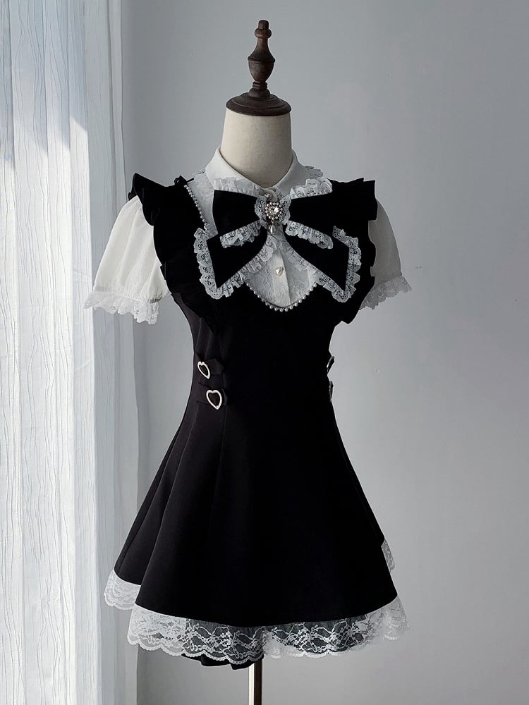 Black and White Jirai-Kei Lace Trim Short Sleeve Dress with Matching Shorts and Bow Tie Set - Ekomi