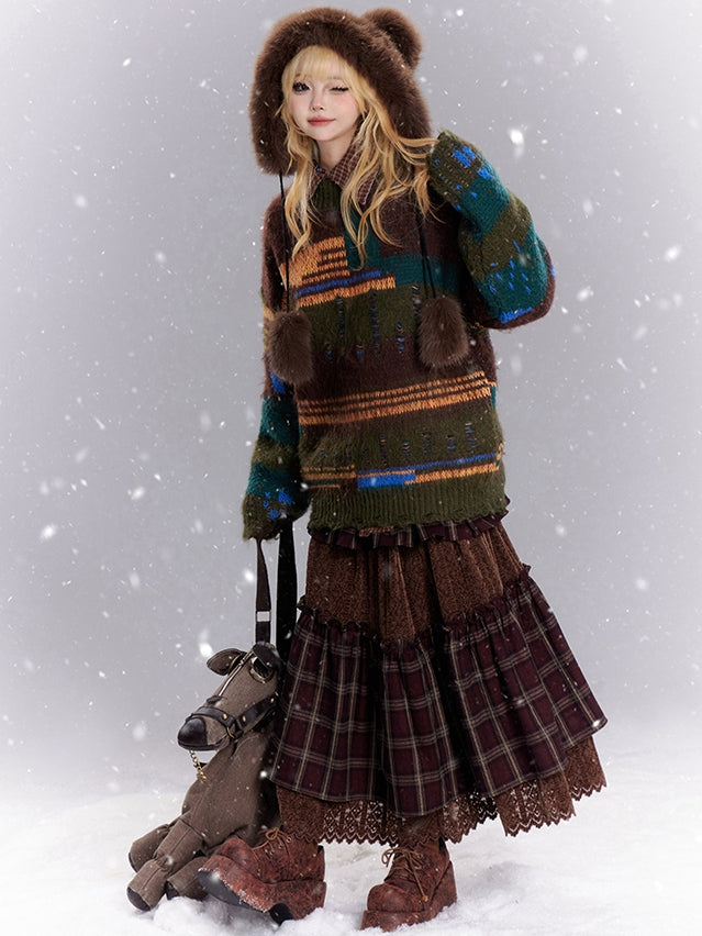 Coffee/Apricot Patchwork Distress Holes Loose Sweater