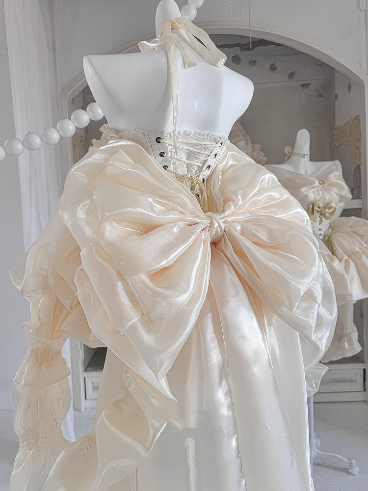 Set Balletcore + Volles Top Schleppe Große Schleife Ärmel Rock Korsett Gold Schnürung