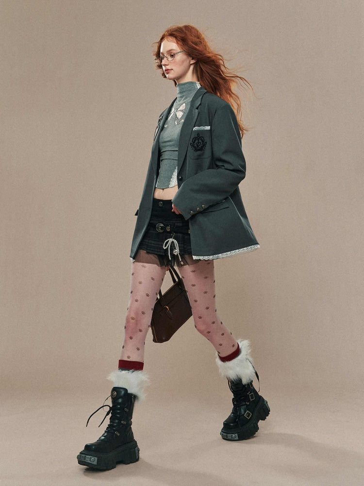 ダークグレーのレーストリム刺繍ポケットブレザー