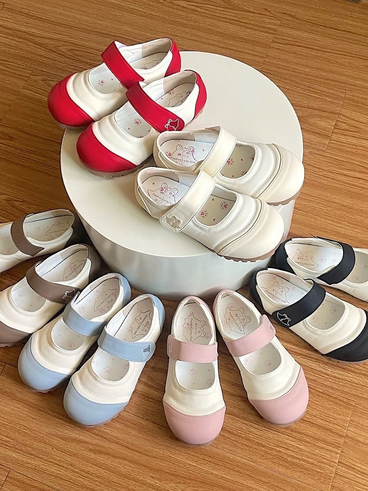 Off-White Sweet Lolita Flats - PU Leather & Bell Pattern Velcro Strap