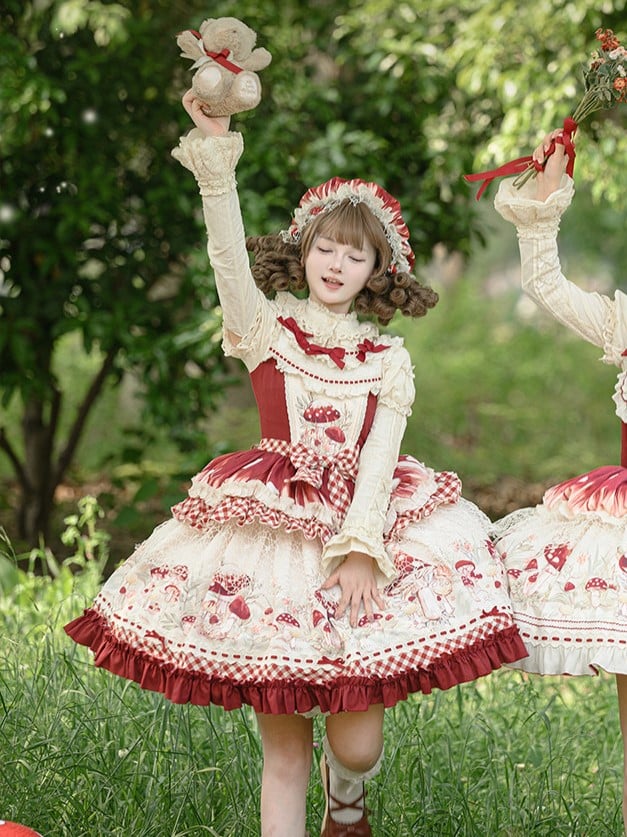 Red and Beige Gingham Mushroom Print Dress with Lace Overlay - Honey Machine
