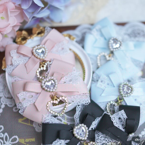Heart Rhinestone Jirai Kei Lace Bow Hairclips Blue/BlackWhite/White Pink/Light Dusty