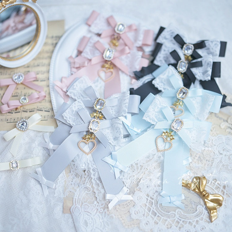 ビーズハートチャーム ジライケイ レースボウ ヘアクリップ ダスティブルー/ダスティピンク/ブルー/ブラック