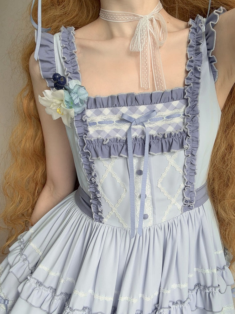 Lässiges Lolita-Kleid mit blauem Gingham-Muster und floralen Spitzenaufnähern