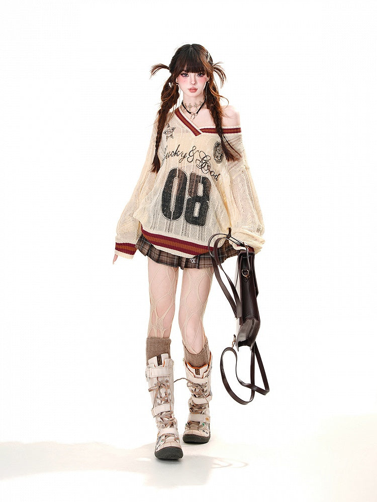 Hollow-Out Top Sonnenschutz Apricot V-Ausschnitt Asymmetrischer Ausschnitt Preppy Style