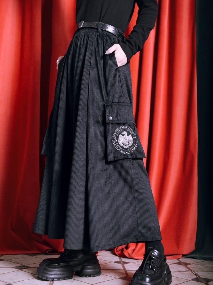 Black Crow with Pants Wide-Leg 3D Gothic Pockets Embroidered Corduroy Flap Cheongsam