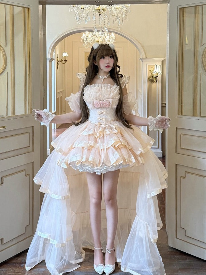 Pink Romantic Lolita Jumper Dress with Train and Sleeves - Diamond Honey