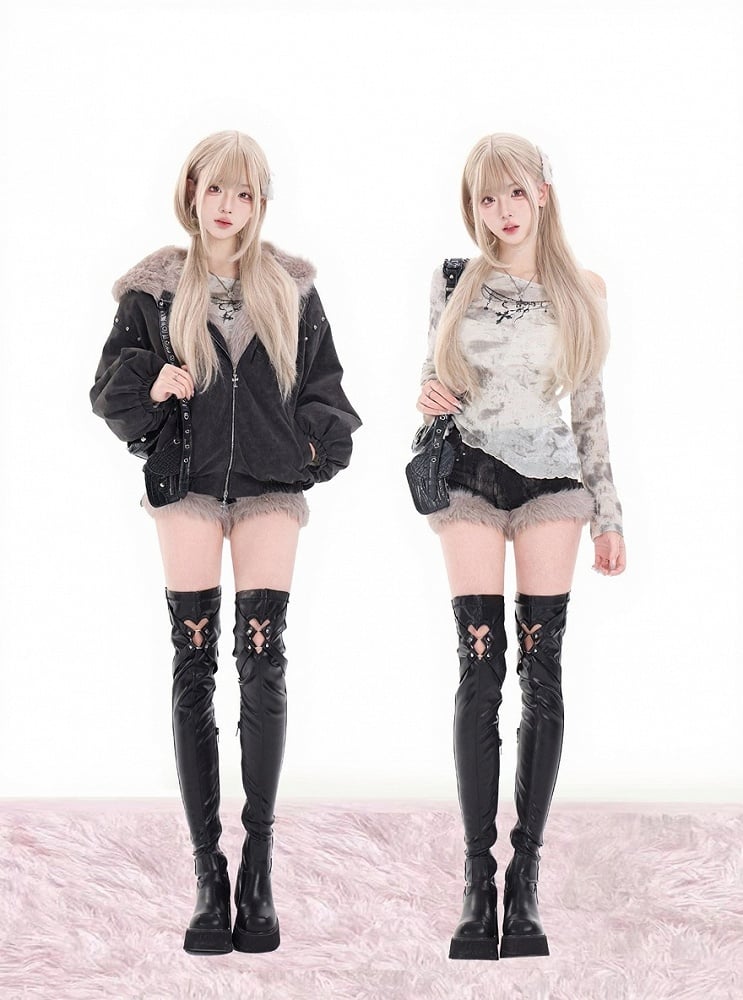 Punk Kawaii Soft Top Beige Design Printed Fashion Asymmetrical