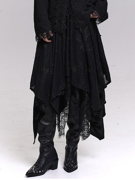 Black/White Butterfly Appliques Tiered Skirt with Handkerchief Hem & Lace Trim