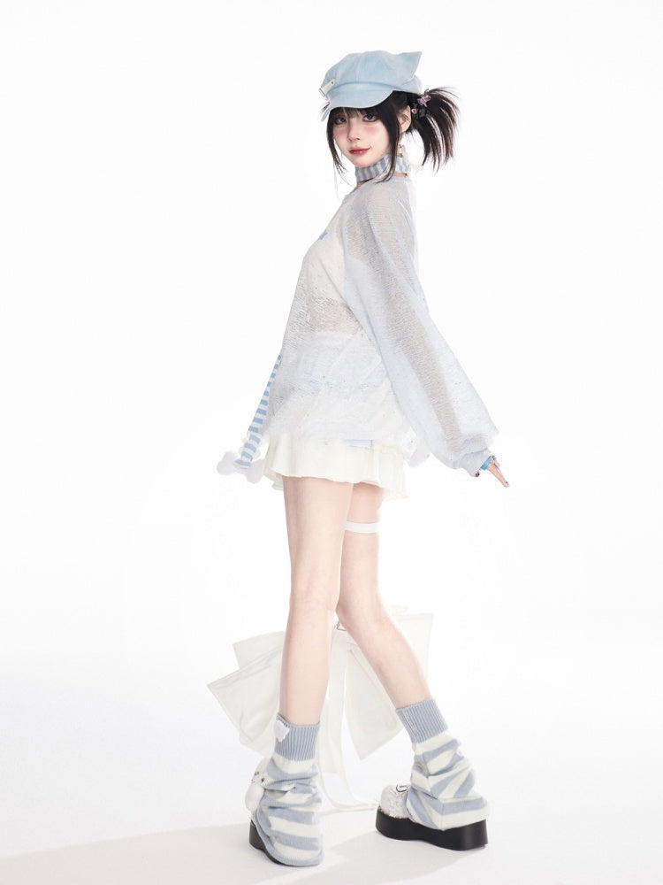 デザインカラーブロックカバーアップ ブルー/ピンク ラウンドネック 漫画ガールプリント セミシアー