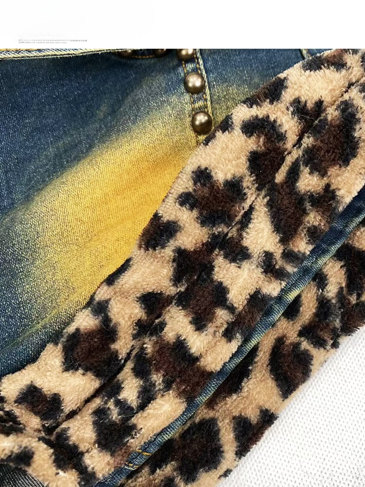 Blue Denim&Leopard Shaggy Plush Trim Distressed Shorts