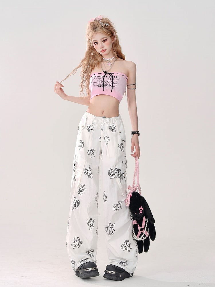 Print Pink Tube Top Gyaru Bow in Tie Bunny Style Front with Crop -