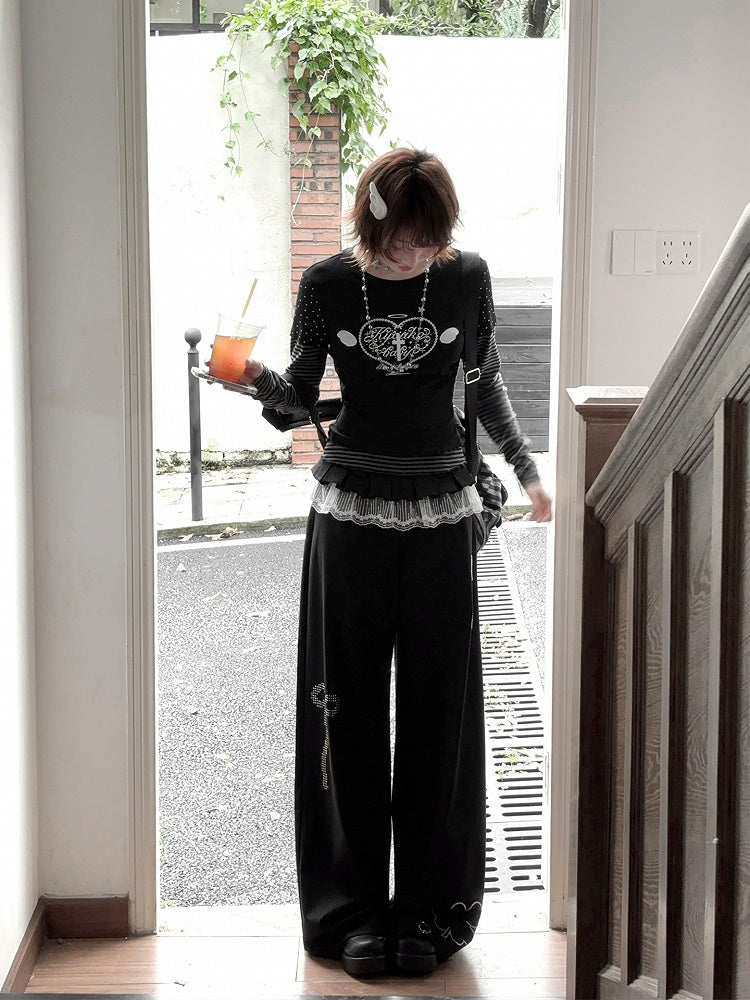 Black Wide-Leg Lace Raindrop and Trim with Clover Pants Rhinestone