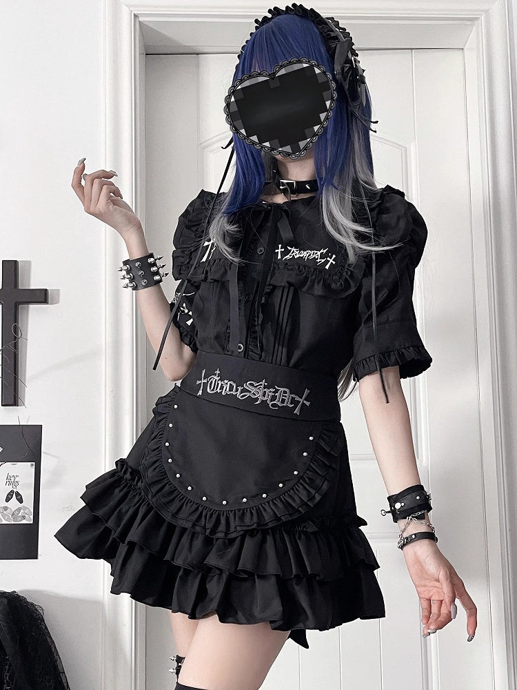 Black Studded Embroidery with Tiered Letter Skirt Waist Apron Gothic Gray Ruffle