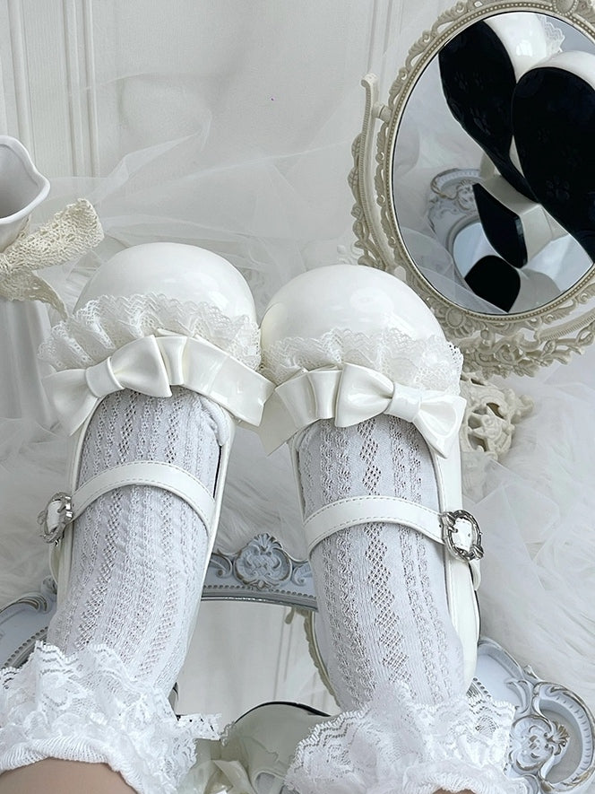 Sweet Janes Lace White PU Accents Lolita - with Bow Low-heel Round Trim Mary Toe