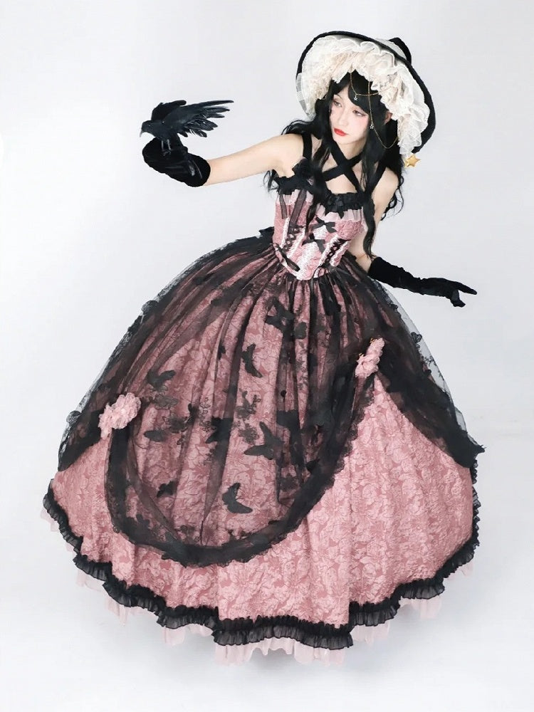 Floral Dark Bow Hime Details Dress Black Hanayome-style Pink Lace and Lolita with Embossed