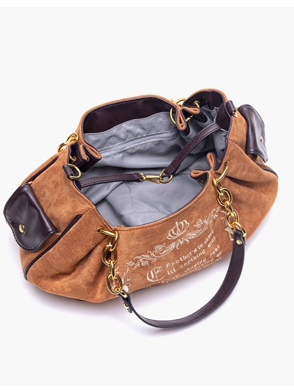 Capacity Vintage Brown Gothic Lettering Embroidered Tote Bag with Large