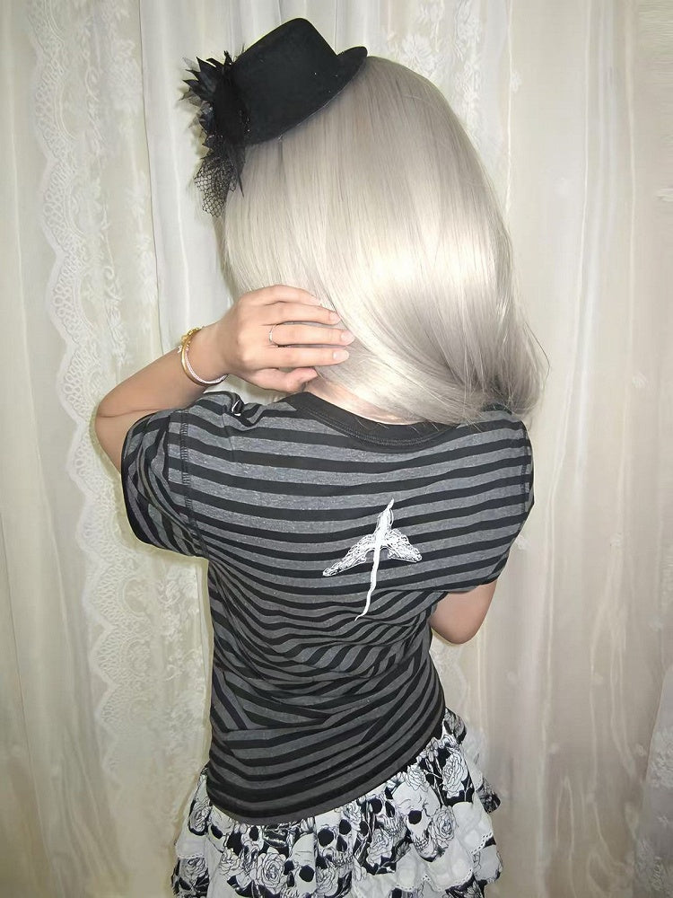Y2K Striped T-Shirt with Cross and Gothic Letter Details - Alita26SS