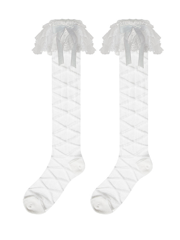 Lolita Decoration White Calf Trim and with Pattern Bow Tulle Lace Strappy Socks 3-Layer