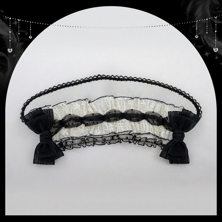 Polka-Dot Tulle Bonnet with Bow Accents in Beige & Black - U.Rtto