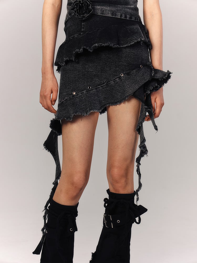 Ruffles Cascading Punk Dress Hem Vintage Asymmetrical Denim Waist Rose with Halter Black