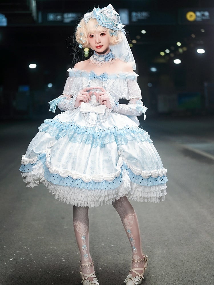 Hime Mini Veil KC Blue Hat Full Off + Cuffs Choker Dress Shoulder Wrist Set Lolita