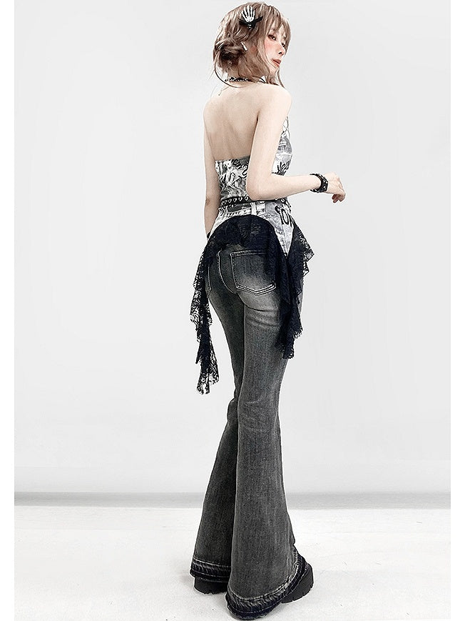 プリントレーストリム ビタースイートヘム レタートップ アシンメトリーチューブ グレー