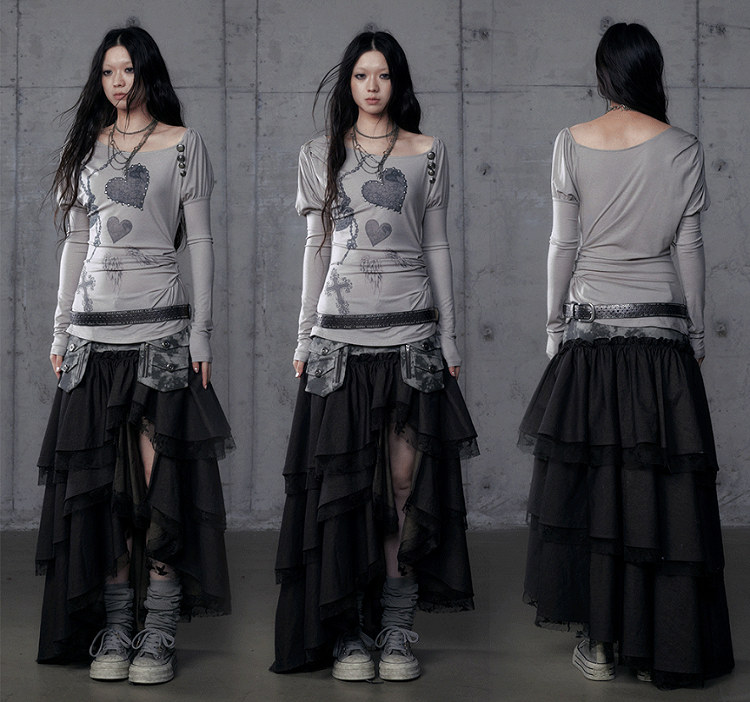 Punk Heart Cross Juliette Knit Top Gray with Sleeves Print Grunge Aesthetic Asymmetrical